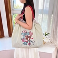 Japanese style beige ball chain tote bag with embroidered bow and red braided strap - Light Grey (Bowknot Omamori)