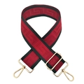 Detail showing 5cm wide red and black geometric maze pattern strap with gold metal hooks - 20-Wine Red with Black Edge