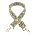 Close-up of green and beige ethnic geometric patterned wide bag strap with gold buckles - T8-Olive Green