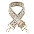 Detail of 5cm wide beige jacquard embroidered strap with grey geometric patterns and gold clips - Gold Buckle / Off White