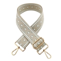 Close-up of 5cm wide jacquard bag strap in beige and gray with gold metal hardware - Gold Buckle / Light Gray