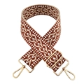 Close-up of 5cm wide brown and beige geometric jacquard strap with gold metal hooks - Dark Brown