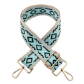 Detail of 5cm wide jacquard bag strap with blue geometric patterns and gold metal hooks - L4-Light Blue Black