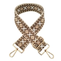 Detail of a 5cm wide beige and brown geometric jacquard strap with gold metal buckles - L11-White Light Brown Coffee