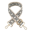 Detail of adjustable 5cm jacquard bag strap with geometric patterns and gold metal buckles - Silver Clasp / L7-Light Grey Black White