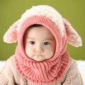 Pink knitted puppy-style hooded scarf for babies with cream white ear details and soft texture - Dusky Pink