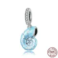 Blue nautical nautilus charm in 925 sterling silver with blue enamel and pavé zircons - Light Blue Sea Snail Charm(SCC1560)