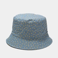 Dettaglio del cappello a secchiello in denim blu con fiori gialli e cuciture di precisione - M(56-58cm) / Stile Piccoli Fiori Blu (Double Face)