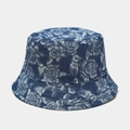 Dettaglio cappello alla pescatora a fiori con rose bianche su denim blu scuro - M(56-58cm) / Stile Rosa Blu Scuro (Double Face)