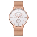 Minimalist rose gold mesh band watch with three-eye white dial for fashion-forward style - Rose Gold