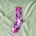 Pink and purple tie-dye cotton crew sock in hip-hop style on soft green background - One Size / Purple Red Tie Dye