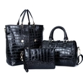 Three-piece black crocodile pattern handbag set with tote, boston bag and clutch purse - Black