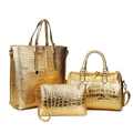 Three-piece women's fashion handbag set in gold faux crocodile leather with textured finish - Gold
