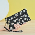 Minimalist black floral smartphone clutch with white daisy patterns and double zippers - Black