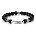Men's obsidian stretch bracelet featuring vintage silver hollow pattern metal tube detail - Antique Silver & Obsidian