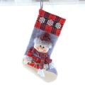 Christmas stocking with grey felt, red plaid cuff, and a 3D snowman doll on white background - Grey Felt 3D Snowman
