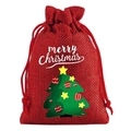 Detail of red burlap Christmas drawstring bag with Merry Christmas text and tree - 10*14cm / Christmas 01-Red Christmas Tree