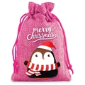 Pink burlap Christmas drawstring bag with a cute penguin and Merry Christmas text print - 9*12cm / Christmas 06-Pink Penguin