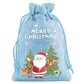 Detail of light blue burlap Christmas gift bag with Santa and Merry Christmas text - Linen Christmas Style 11.9*12cm