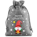 Close-up of gray linen Christmas drawstring bag with merry christmas gnome print - Linen Christmas Style 13.9*12cm