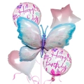 Dettaglio di palloncini a farfalla colorati in alluminio con stella e cuore Happy Birthday - Set Farfalla Rosa e Blu