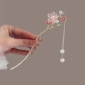 Traditional gold hairpin with pink resin flowers, red petals, and long pearl tassels - Pink Resin Petal Artificial Pearl Tassel Style (4156)