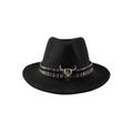 Detail of black wool fedora featuring colorful ethnic band and silver bull head buckle - M (56-58cm) / Black