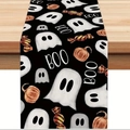 Halloween linen table runner with ghost pumpkin and candy patterns on black backdrop - Ghost Pumpkin Candy Pattern
