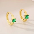 Macro view of gold hoop earrings with square-cut emerald green gemstone settings - Gold Green (KE114078-GC)