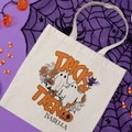Custom Halloween ghost canvas tote bag with Trick or Treat print and personalized name - 35cmx40cm