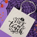 Cute Halloween canvas tote bag with ghost print and Trick or Teach slogan on purple background - 35cmx40cm