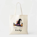 Close-up of Halloween ghost tote bag with witch hat design and custom Emily name print - 35cmx40cm / Emily Witch Hat Cat Ears Style