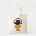 Close-up of Halloween ghost print and customizable name on white canvas tote bag - 35cmx40cm