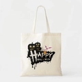 Detail of canvas tote bag featuring Jack-o'-lantern and Happy Halloween print - 35cmx40cm