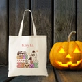 Close-up of Halloween ghost canvas tote bag with custom name and pumpkin decor - 35cmx40cm