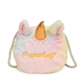 Rainbow plush unicorn crossbody bag with golden horn and soft faux fur for women - Rainbow Unicorn Style / Pink