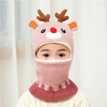 Gorro bufanda de punto rosa para niños con astas de reno marrones y suave pompón rojo - Talla única / Asta de Ciervo Rosa