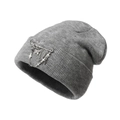 Close-up of grey knitted beanie with punk metal safety pins and butterfly chain charms - One Size / Gray