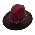 Detailed close-up of gradient burgundy to black wool fedora with leopard print band - Jujube Red Black Gradient