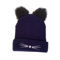 Donkerpaarse gebreide muts met kattenoren en wit geborduurde snorharen voor de winter - Marineblauw