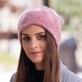 Chunky knit beanie in pink and white mixed angora wool blend for winter warmth - Red