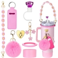 Pink Stanley cup accessory set with daisy lanyard, fuzzy pom pom, and straw cover - 8-Piece Set 14-Pink Purple Diamond Cap