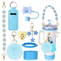 Light blue Stanley cup accessory set with floral strap, bow straw cover, and lipstick pouch - 8-Piece Set 8-Light Blue Bow