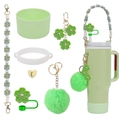 Green Stanley cup accessory set including silicone boot, straw cover, and floral charms - 7-Piece Set 1-Green Set