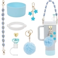 Blue floral tumbler charm set with straw cap and woven strap on a grey cup - 7-Piece Set 17-Blue Diamond Cap