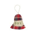 Campana di Natale in tartan rosso e juta con stampa JOY e cordino per appenderla - Ornamento Natalizio in Jute D (Triangolo/Campana)