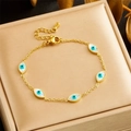 Bracciale a catena in acciaio dorato con cinque perline occhio blu in scatola regalo - Bracciale a catena Mal di Occhio (B1391)