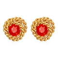 Detailed view of 18K gold twist rope studs with red zircon stone on white background - Gold Red Zirconia
