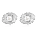 Elegant silver square vortex earrings with white pearls and luxury striped texture - Steel Spiral Stud Earrings with White Faux Pearl (MS-525)