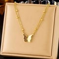 Double-layered gold stainless steel butterfly pendant necklace with bead chain in jewelry box - Double Layer Butterfly Necklace (N2801)